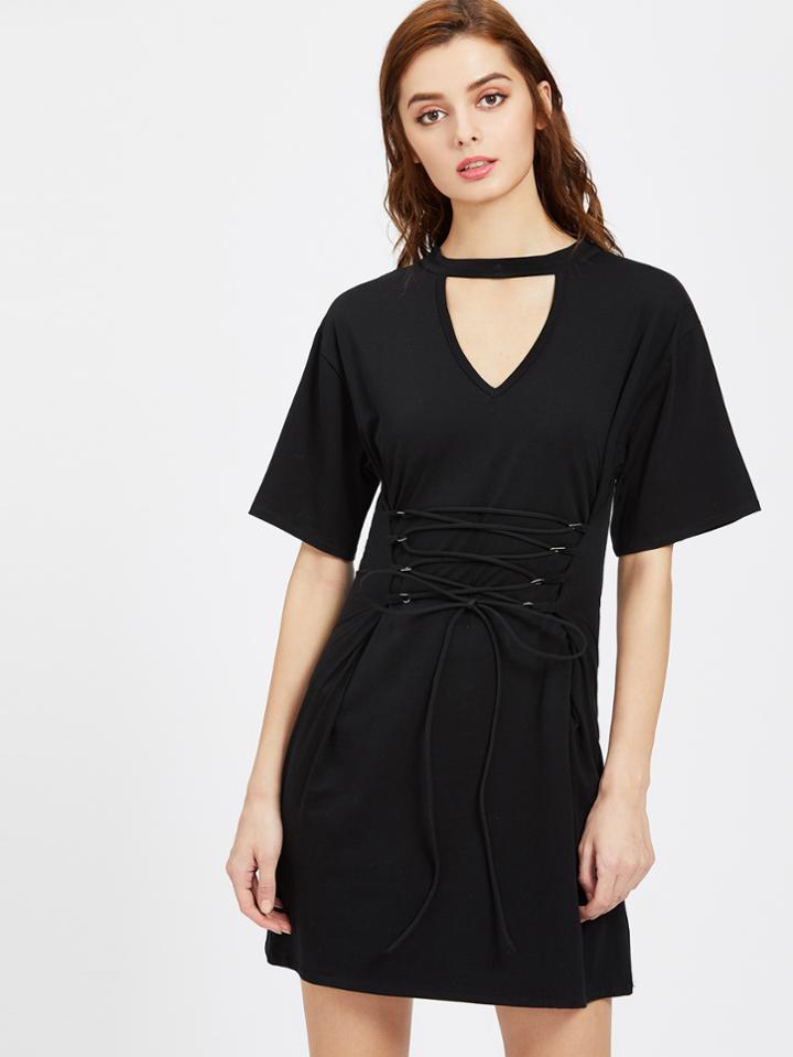 Shein Choker V Neckline Lace Up Front Dress