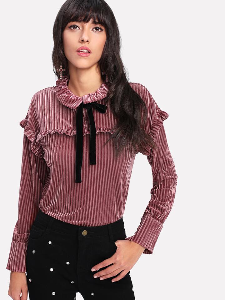 Shein Frill Trim Tie Neck Velvet Blouse