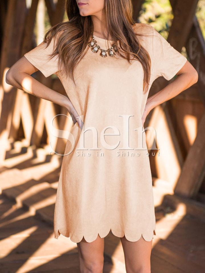Shein Light Nude Short Sleeve Lace Hem Shift Dress