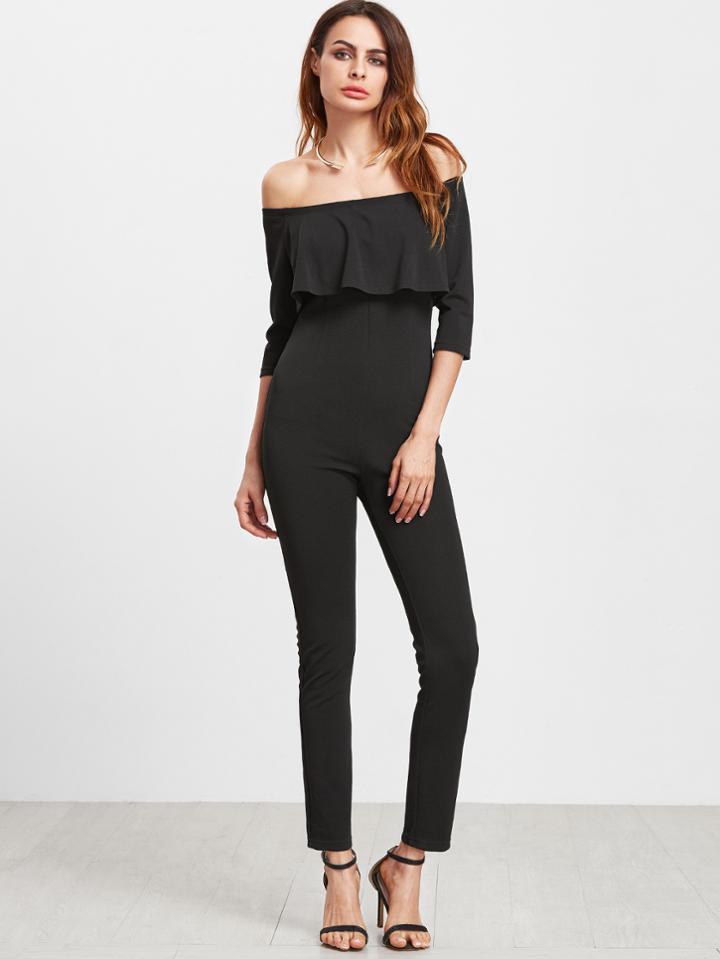 Shein Black Off The Shoulder Ruffle Skinny Jumpsuit