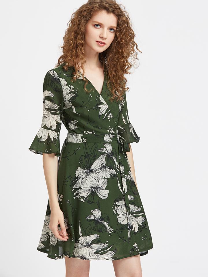 Shein Surplice Front Fluted Sleeve Self Tie Dress