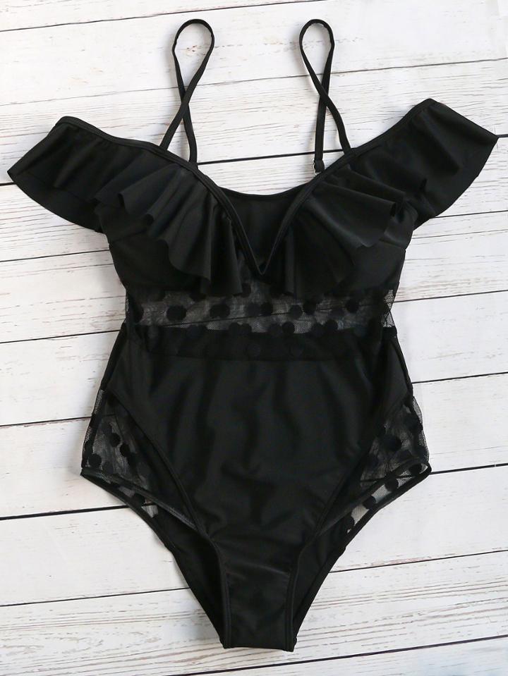 Shein Black Polka Dot Mesh Design Ruffle One-piece Swimwear