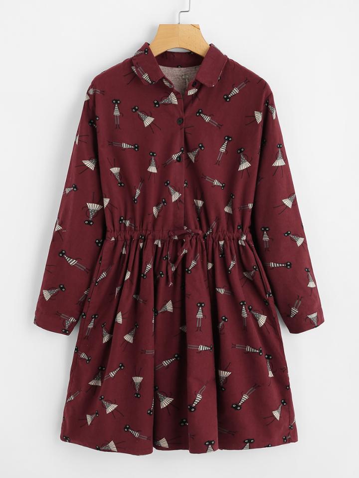 Shein Cat Print Drawstring Waist Shirt Dress