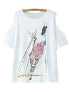 Shein White Cold Shoulder Short Sleeve Print T-shirt