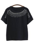 Shein Black Short Sleeve Round Neck Rivets T-shirt