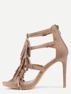 Shein Faux Suede Strappy Fringe Heeled Sandals - Beige