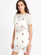 Shein Floral Embroidered Buttoned Keyhole Dolphin Hem Mesh Dress