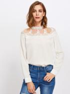 Shein Mesh Yoke Lace Applique Keyhole Back Blouse