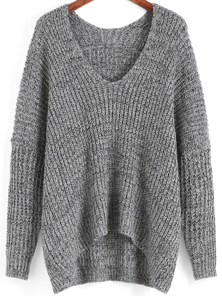 Shein Grey V Neck Dip Hem Sweater