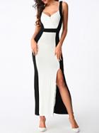 Shein Contrast Deep Plunge Neck Split Dress