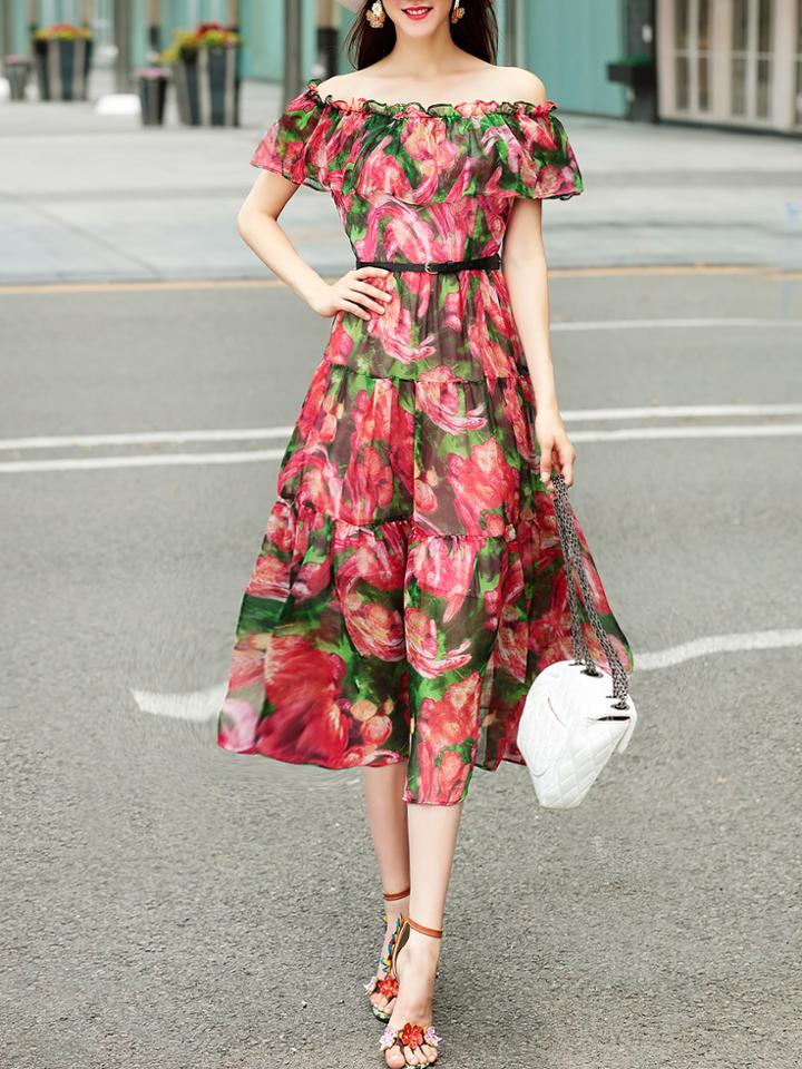 Shein Boat Neck Flounce Floral Dress