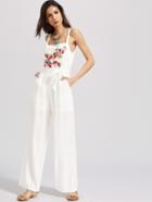 Shein Flower Embroidered Self Tie Wide Leg Jumpsuit