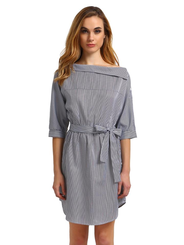 Shein Pinstripe One Shouldered Dip Hem Dress With Tie Waist