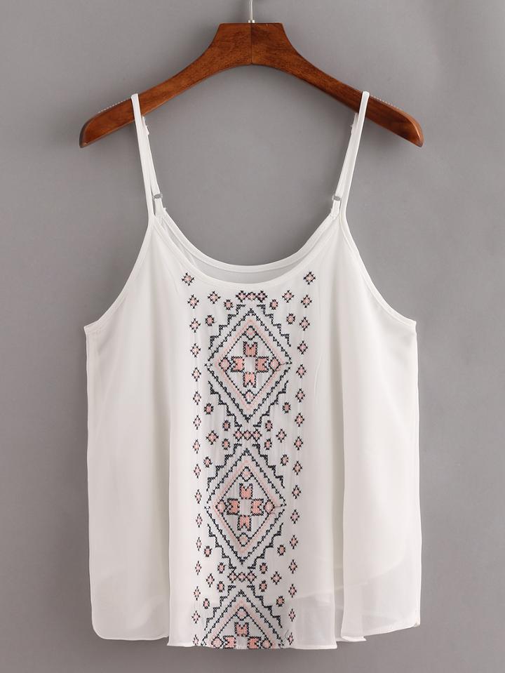 Shein Embroidered Chiffon Cami Top - White