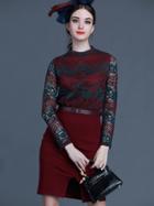 Shein Win Red Round Neck Long Sleeve Drawstring Pockets Lace Dress