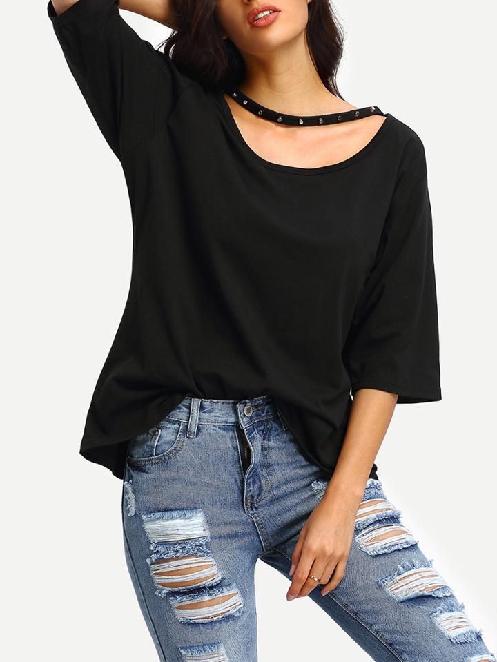 Shein Studded Cutout Neck Swing Blouse