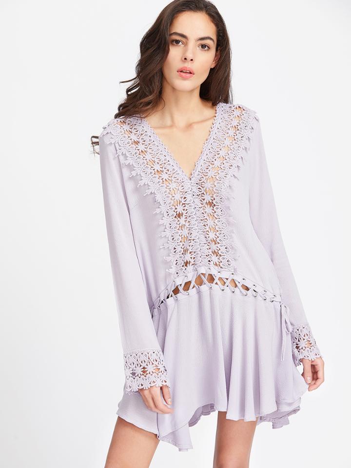Shein Purple Contrast Lace Eyelet Lace Up Ruffle Hem Dress
