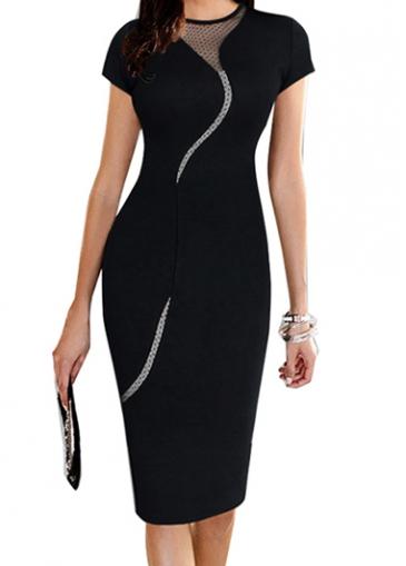 Rosewe Cap Sleeve Mesh Panel Black Sheath Dress