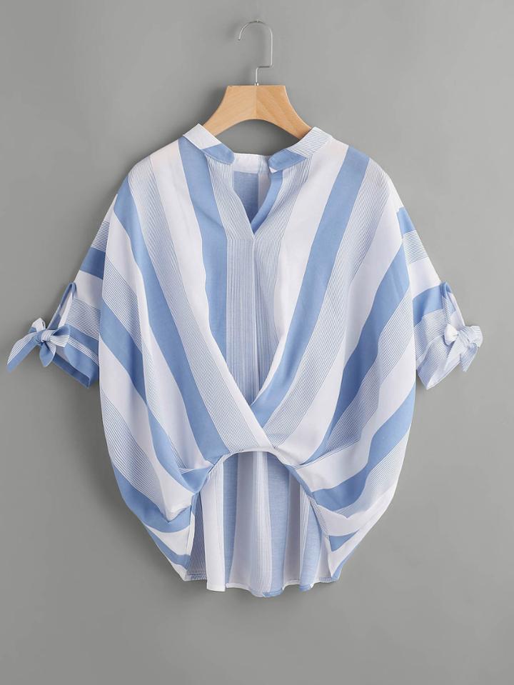 Shein Striped Bow Tie Cuff Dip Hem Top