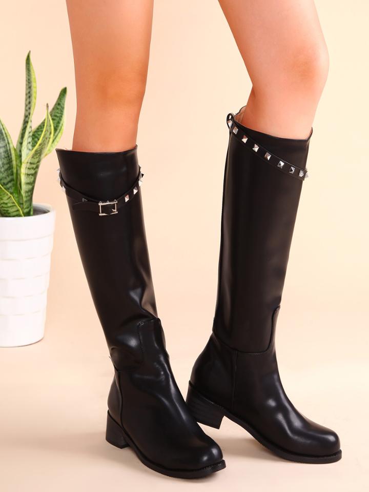 Shein Black Pu Studded Strap Chunky Heel Knee Boots