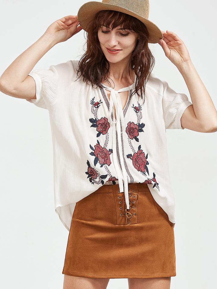 Shein White Tie Neck Rose Embroidered Crepe Top