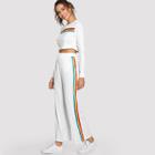 Shein Contrast Striped Trim Crop Top And Palazzo Pants Set