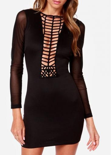 Rosewe Laconic Long Sleeve Mesh Splicing Hollow Dress Black
