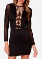 Rosewe Laconic Long Sleeve Mesh Splicing Hollow Dress Black