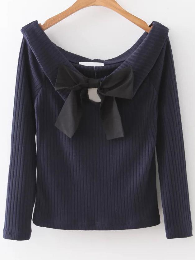 Shein Navy Boat Neck Ribbed Knitwear With Bow