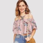 Shein Stripe & Flower Print Crop Bardot Blouse