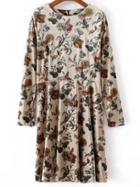 Shein Apricot Floral Print Velvet Dress