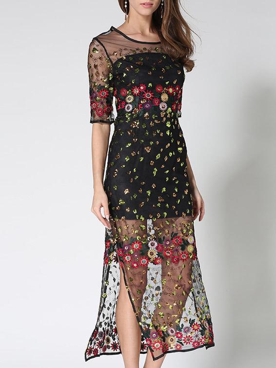 Shein Gauze Embroidered Sequined Split Sheer Dress