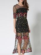 Shein Gauze Embroidered Sequined Split Sheer Dress