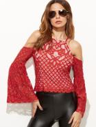 Shein Red Cold Shoulder Bell Sleeve Hollow Out Lace Top