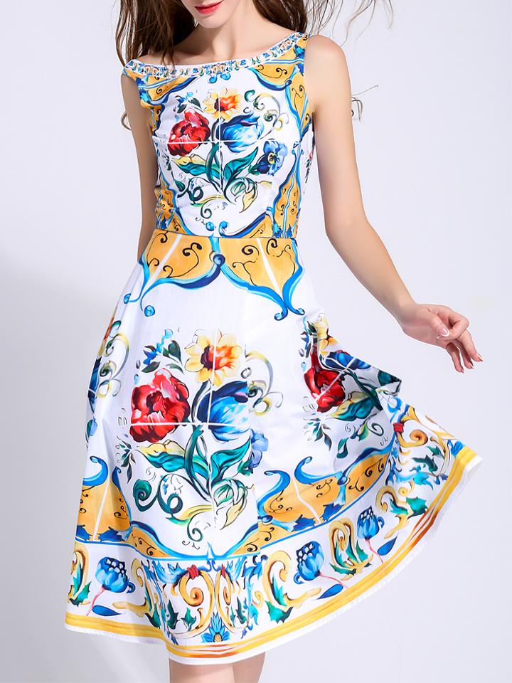 Shein Multicolor Crew Neck Backless Print A-line Dress