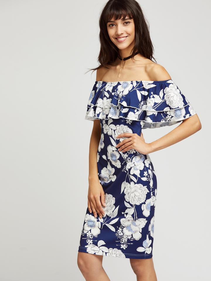 Shein Floral Print Layered Ruffle Off Shoulder Dress