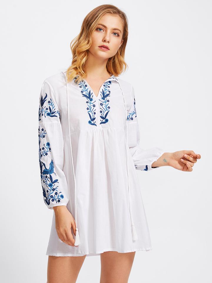 Shein Tassel Tie Neck Embroidery Dress