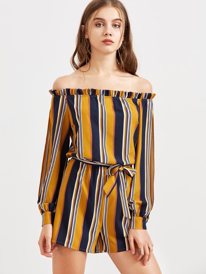 Shein Navy And Mustard Striped Off The Shoulder Belted Romper