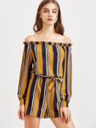 Shein Navy And Mustard Striped Off The Shoulder Belted Romper