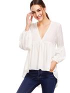 Shein Plunge V-neckline Bishop Sleeve Dip Hem Smock Blouse