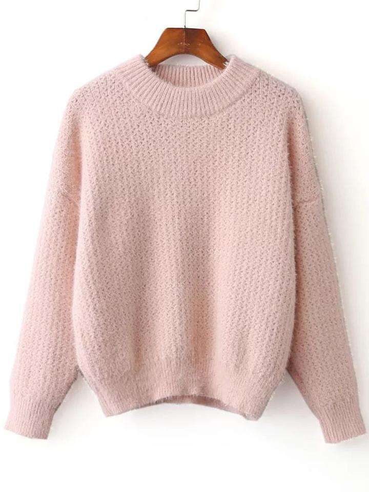 Shein Pink Ribbed Trim Crew Neck Sweater