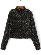 Shein Black Star Print Raw Hem Denim Jacket