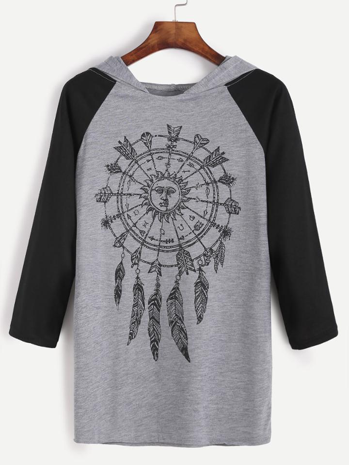 Shein Hooded Raglan Sleeve Print T-shirt