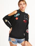 Shein Black Open Shoulder Sweatshirt With Embroidered Patch