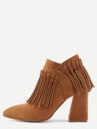 Shein Brown Faux Suede Tassel Fringe Chunky Heel Ankle Boots