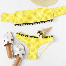 Shein Pompom Embellished Plaid Bikini Set