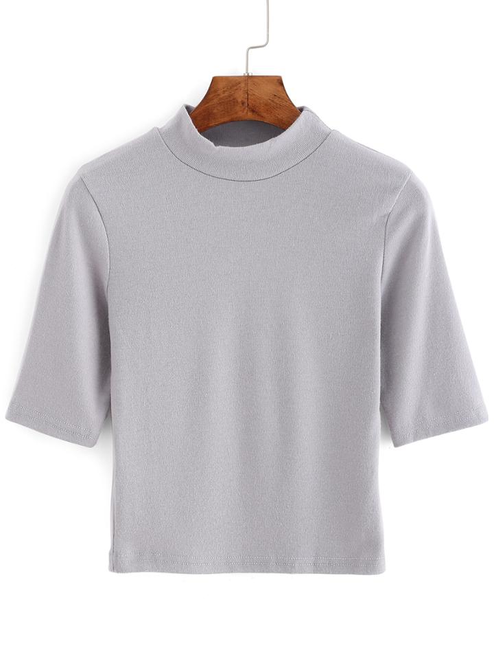 Shein Grey Stand Collar Crop T-shirt