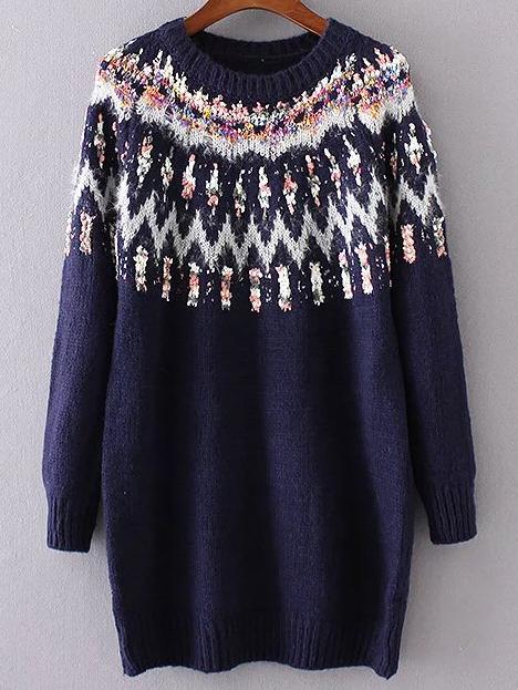 Shein Navy Ribbed Trim Chunky Jacquard Sweater