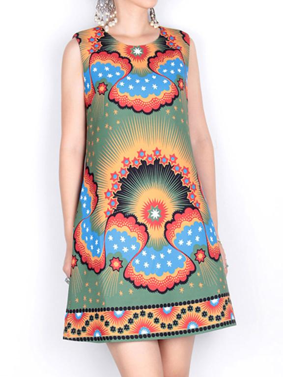Shein Multicolor Crew Neck Print Pockets Shift Dress