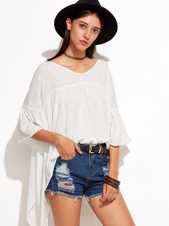 Shein White Bell Sleeve Asymmetric Slub T-shirt